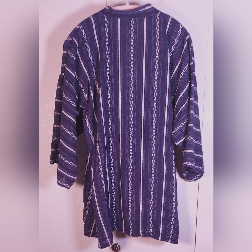 Japanese Kimono Cotton Cardigan Jacket Kimono Japan Textured Size LL Blue Stripe - Picture 2 of 16